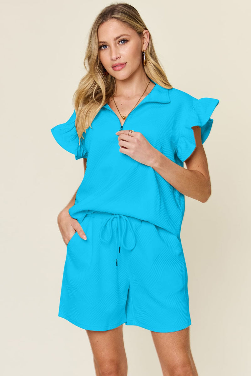 Flounce Sleeve Top and Drawstring Shorts Set