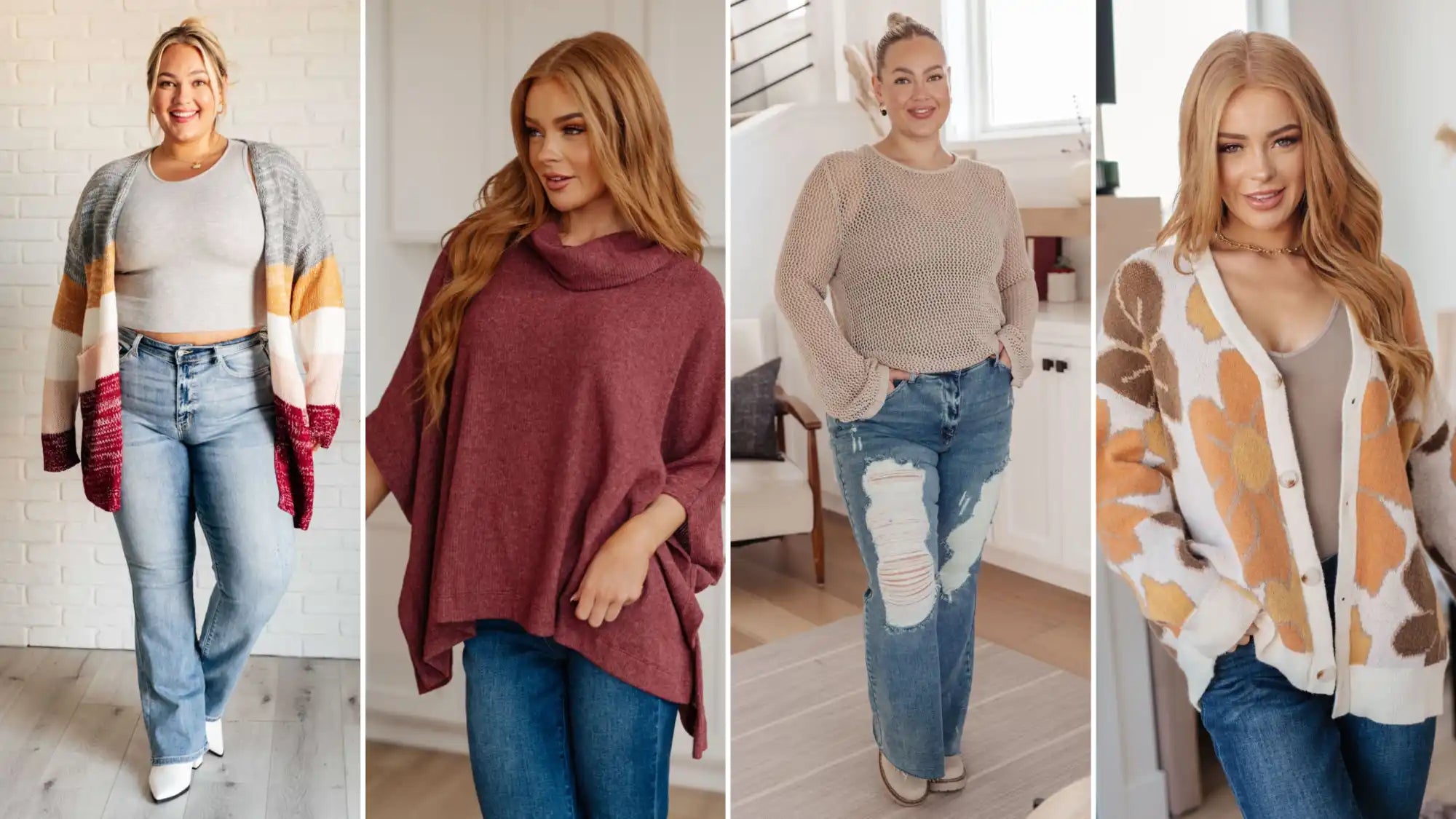 Four casual fall outfits featuring jeans paired with cozy sweaters and cardigans.