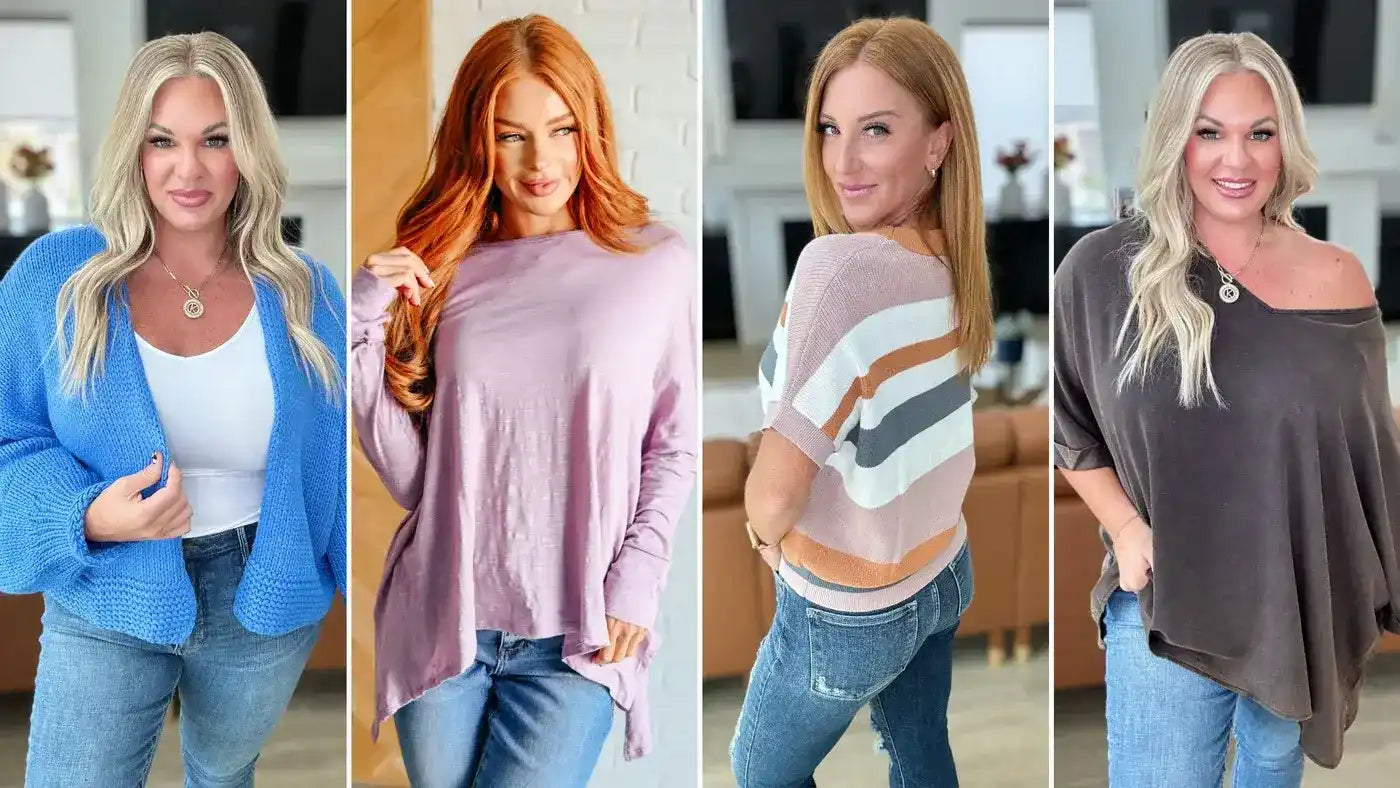 Four casual outfits featuring sweaters and jeans in different colors and styles.