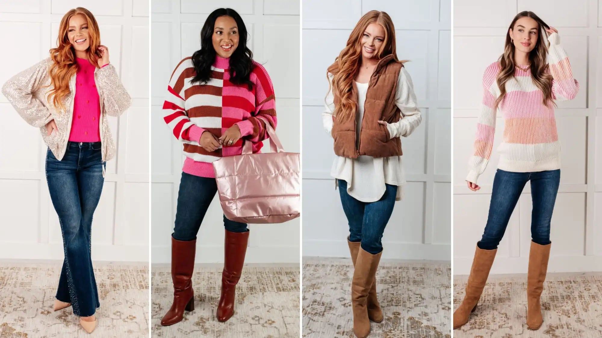 Four winter outfits featuring cozy sweaters, jeans, and boots styled in different color combinations.