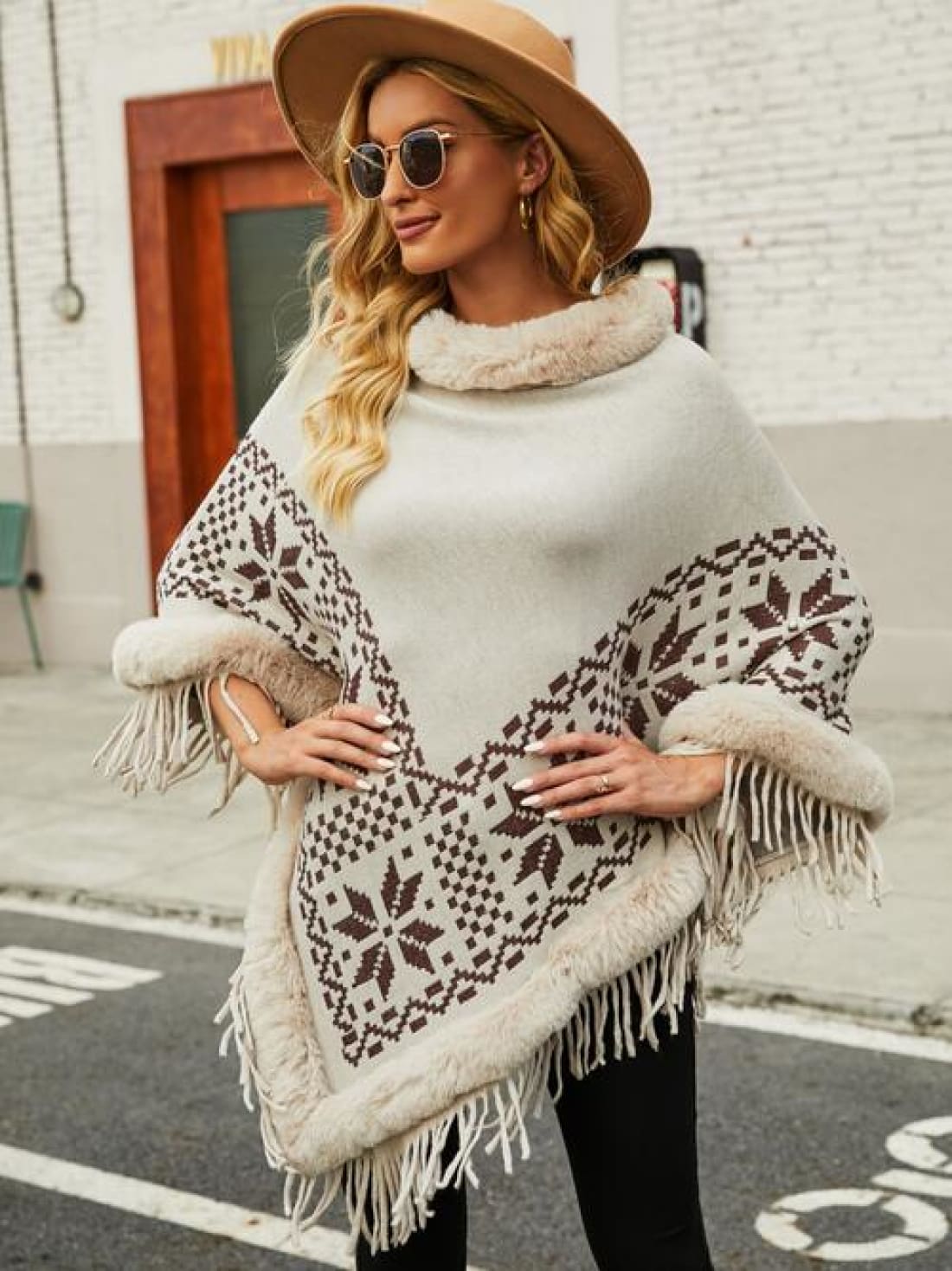 Fringe Geometric Cape Sleeve Poncho | poncho