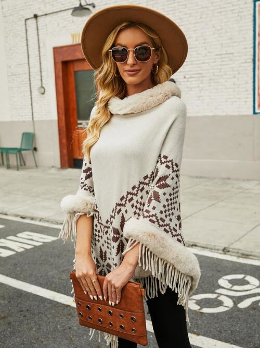 Fringe Geometric Cape Sleeve Poncho | poncho