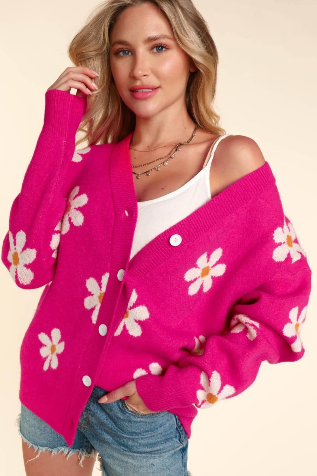 Fuchsia Daisy Floral Print Button Down Long Sleeve Cardigan Sweater