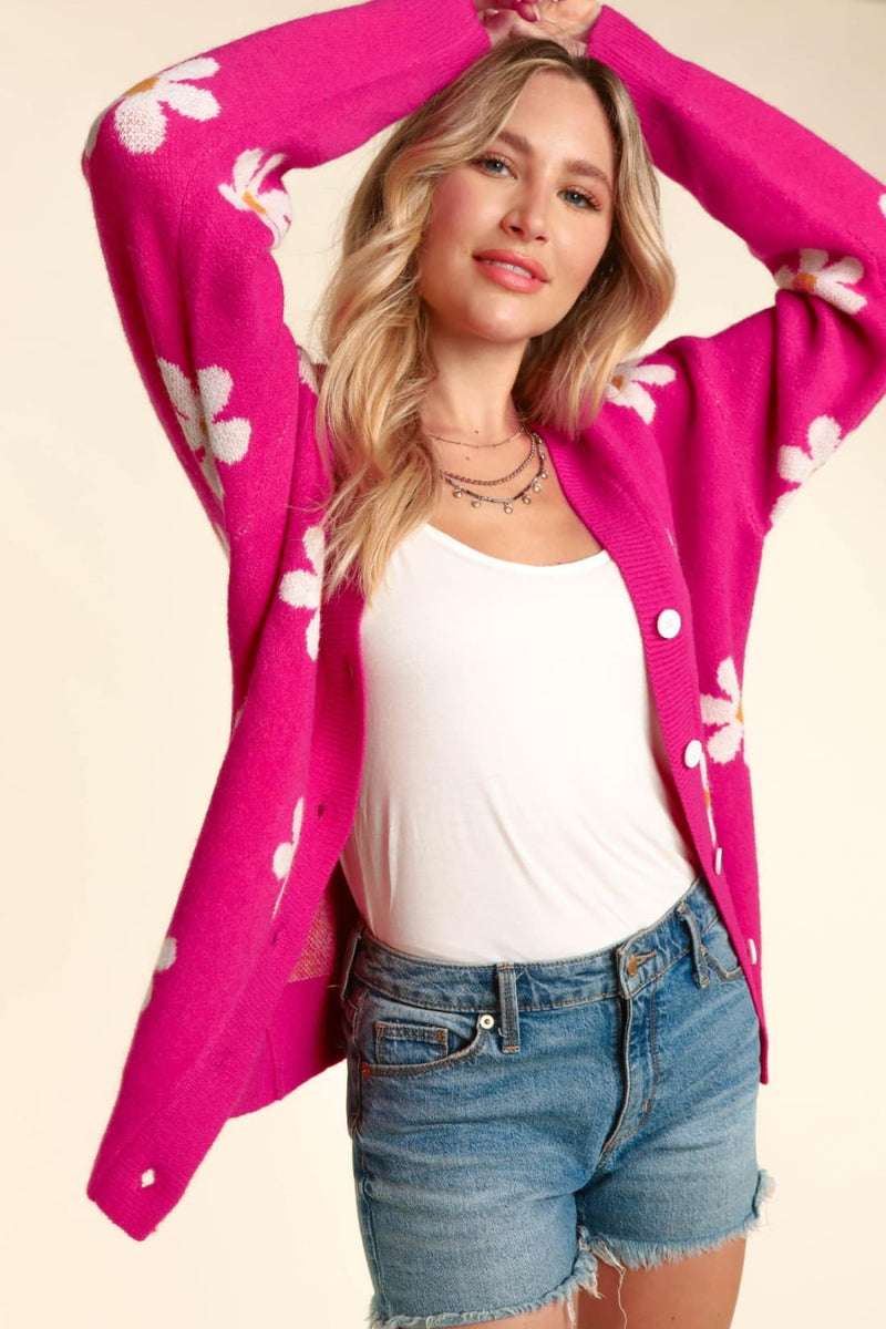 Fuchsia Daisy Floral Print Button Down Long Sleeve Cardigan Sweater
