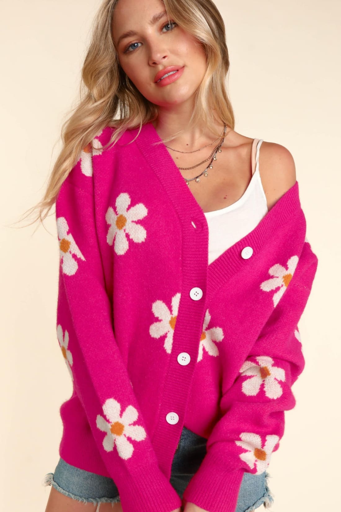Fuchsia Daisy Floral Print Button Down Long Sleeve Cardigan Sweater