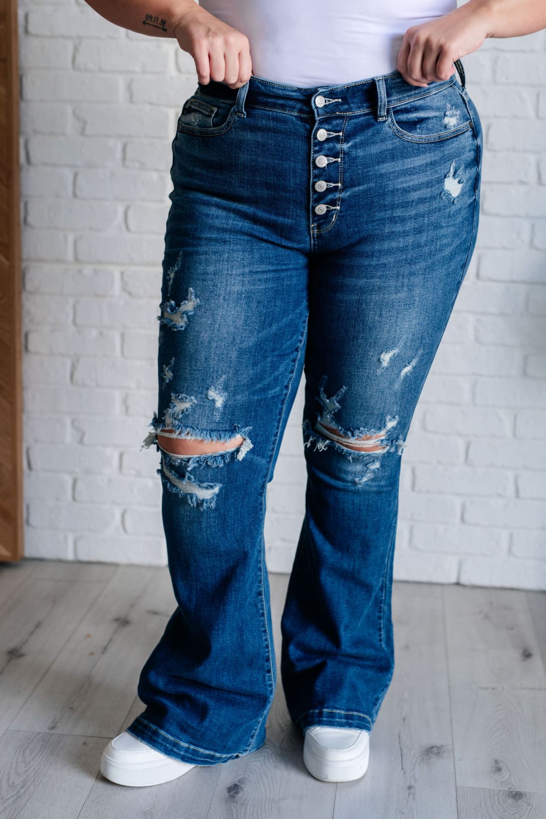 Gabriella Mid Rise Distressed Button Fly Flare | Womens jeans