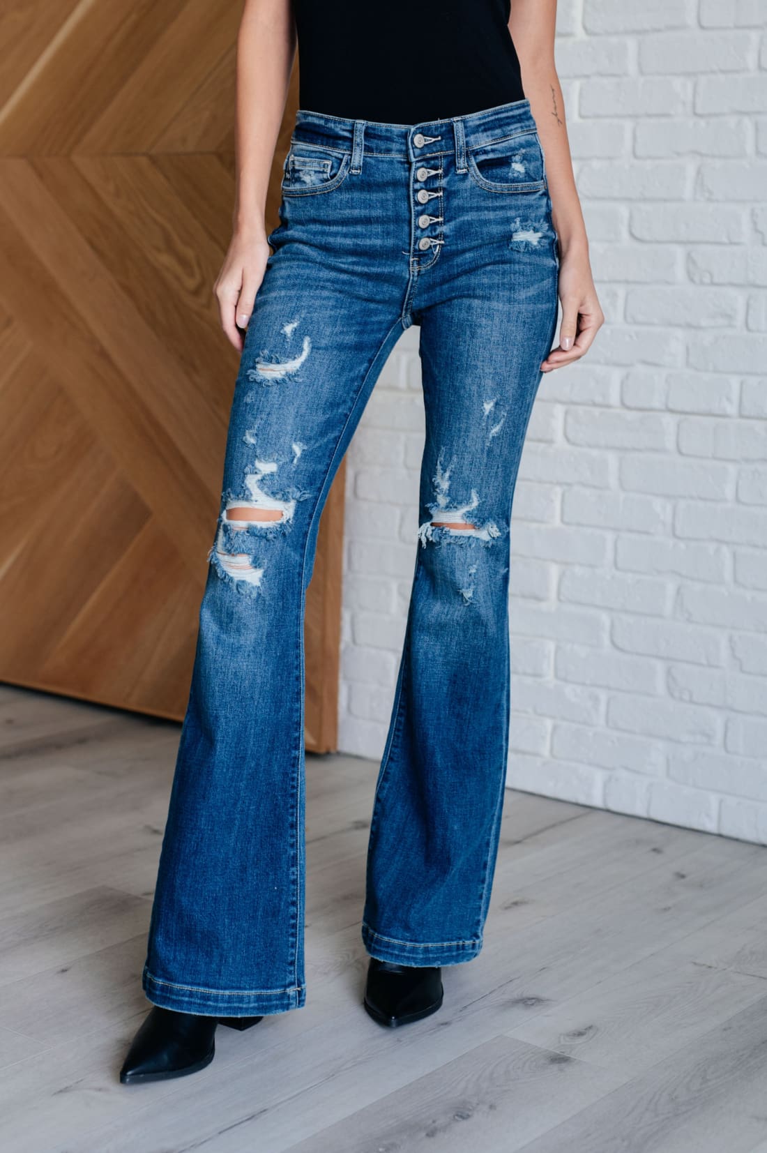 Gabriella Mid Rise Distressed Button Fly Flare | Womens jeans