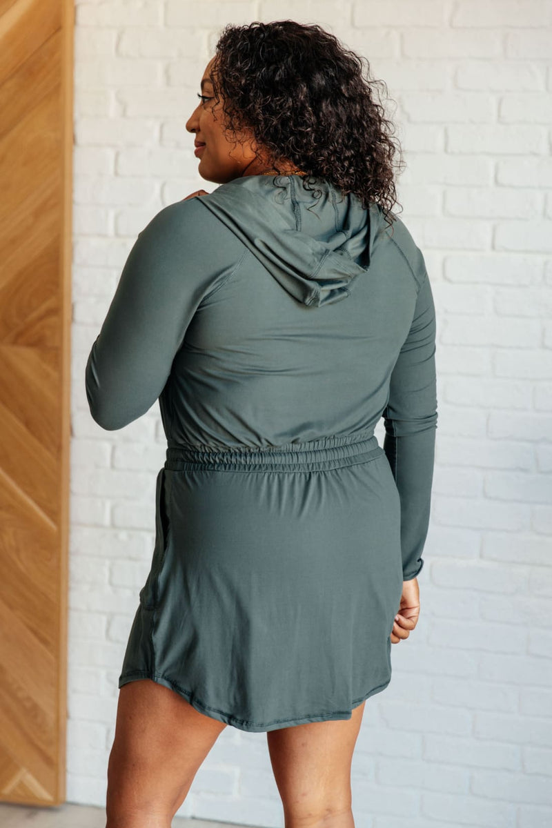 Getting Out Long Sleeve Hoodie Skort Romper in Smoked Spruce