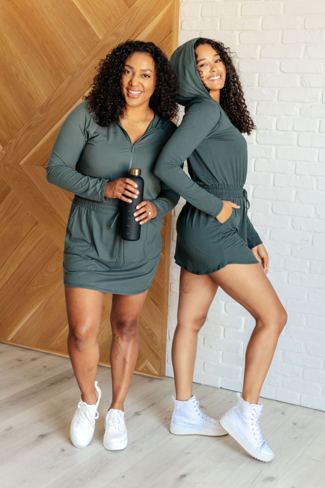 Getting Out Long Sleeve Hoodie Skort Romper in Smoked Spruce | Jumpsuits & Rompers