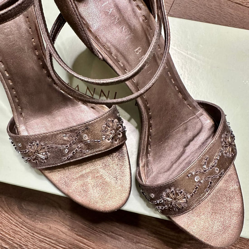 Gianni Bini Ankle Strap Embellished Pewter Wedge Sandals Pre-owned 8.5M