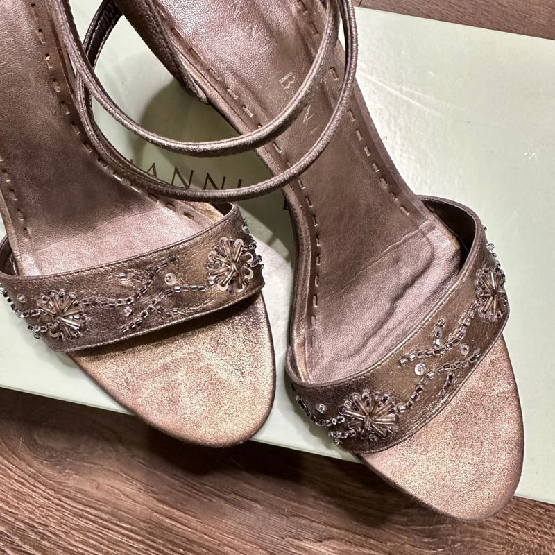 Gianni Bini Ankle Strap Embellished Pewter Wedge Sandals Pre-owned 8.5M