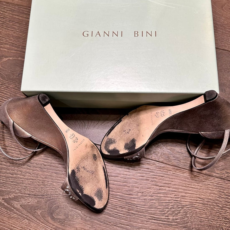 Gianni Bini Ankle Strap Embellished Pewter Wedge Sandals Pre-owned 8.5M