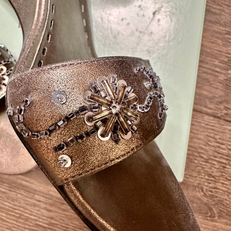 Gianni Bini Ankle Strap Embellished Pewter Wedge Sandals Pre-owned 8.5M