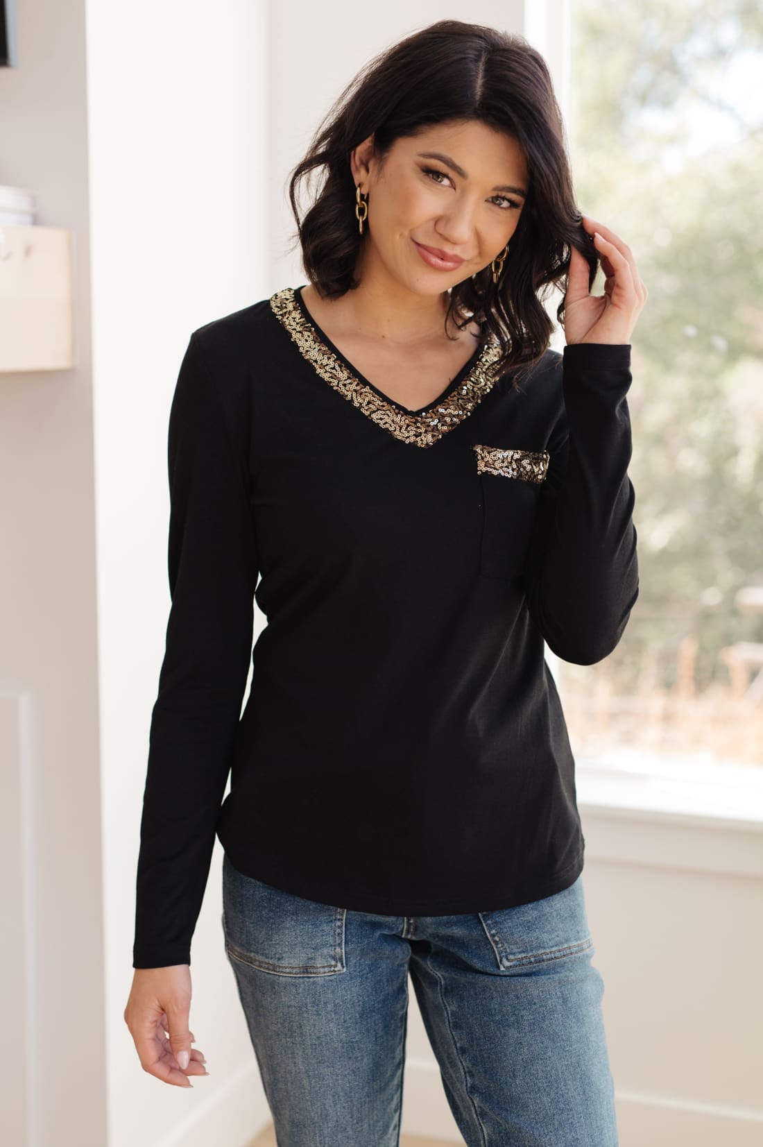 Glitter Lining Long Sleeve V-Neck Top | Tops