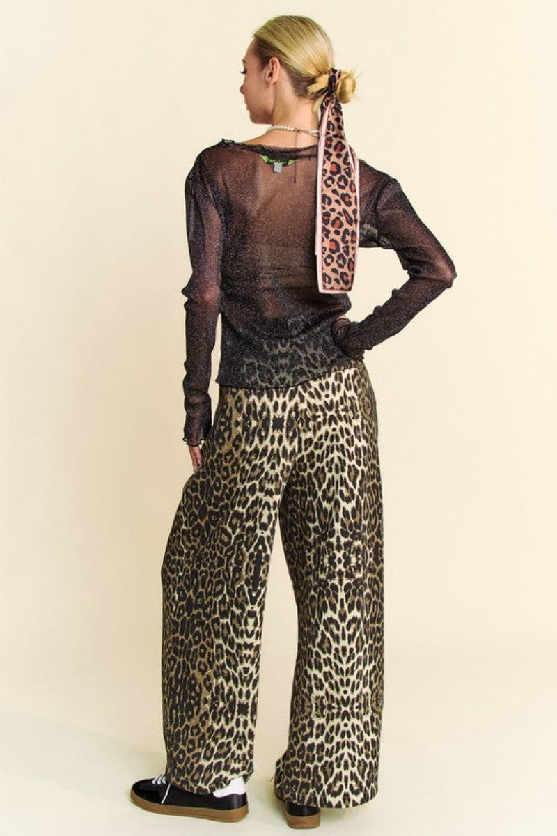 Glitter Mesh Lettuce Hem Long Sleeve Top in Black