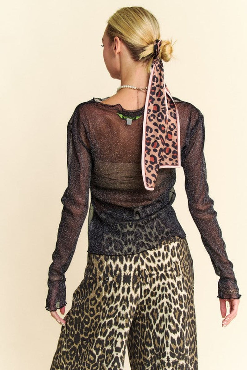 Glitter Mesh Lettuce Hem Long Sleeve Top in Black