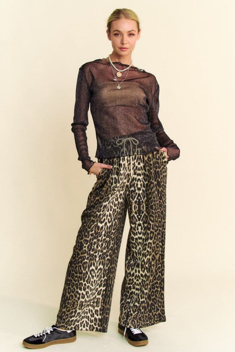 Glitter Mesh Lettuce Hem Long Sleeve Top in Black