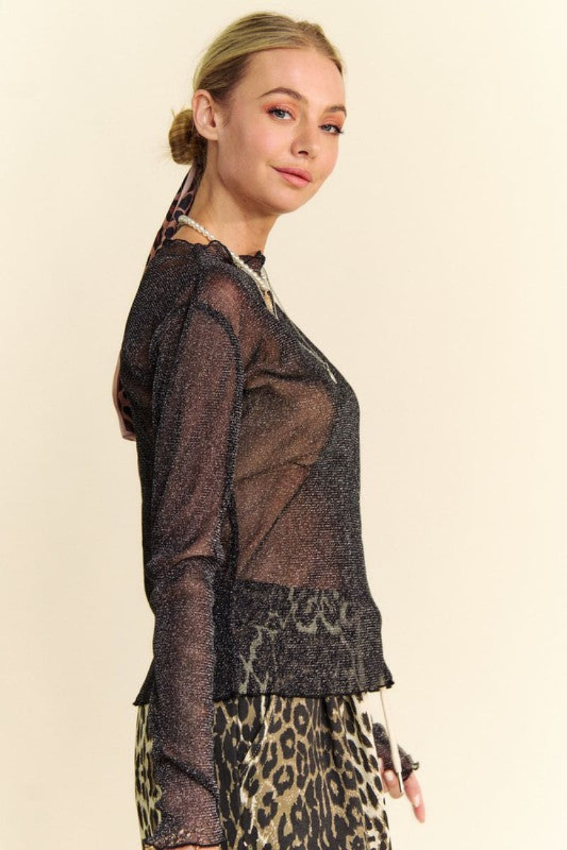 Glitter Mesh Lettuce Hem Long Sleeve Top in Black