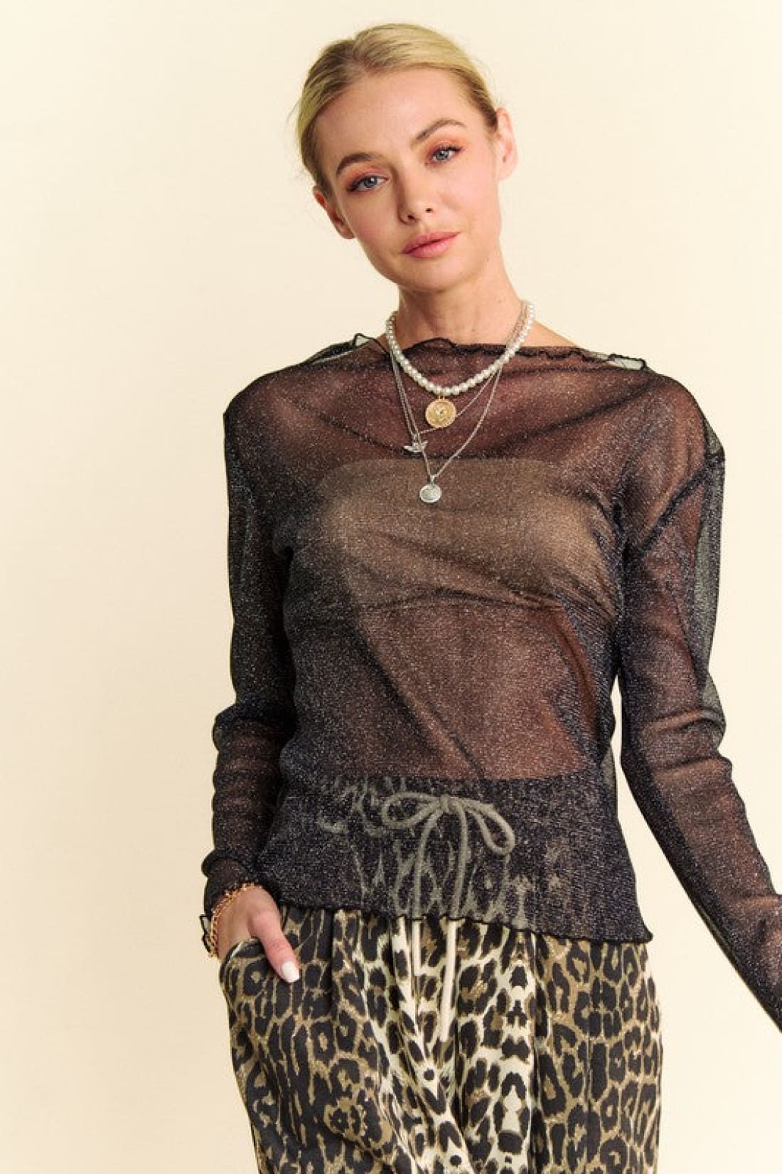 Glitter Mesh Lettuce Hem Long Sleeve Top in Black