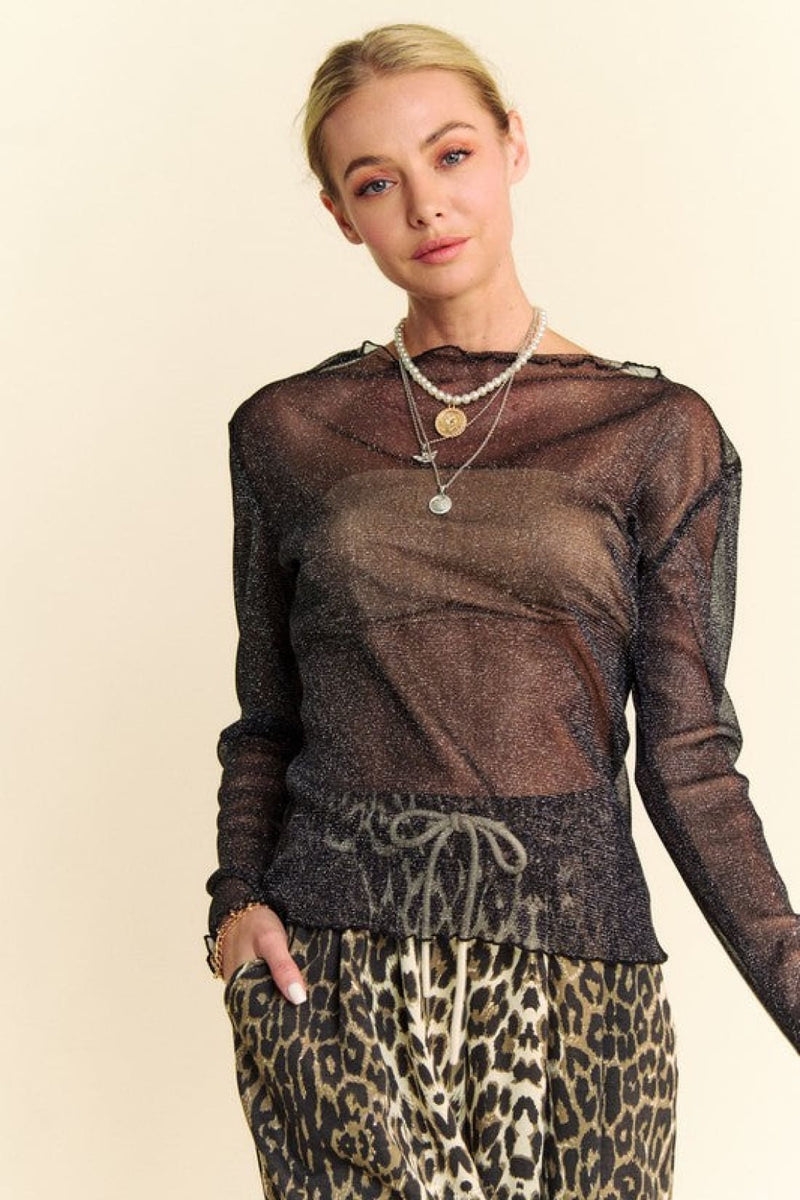 Glitter Mesh Lettuce Hem Long Sleeve Top in Black