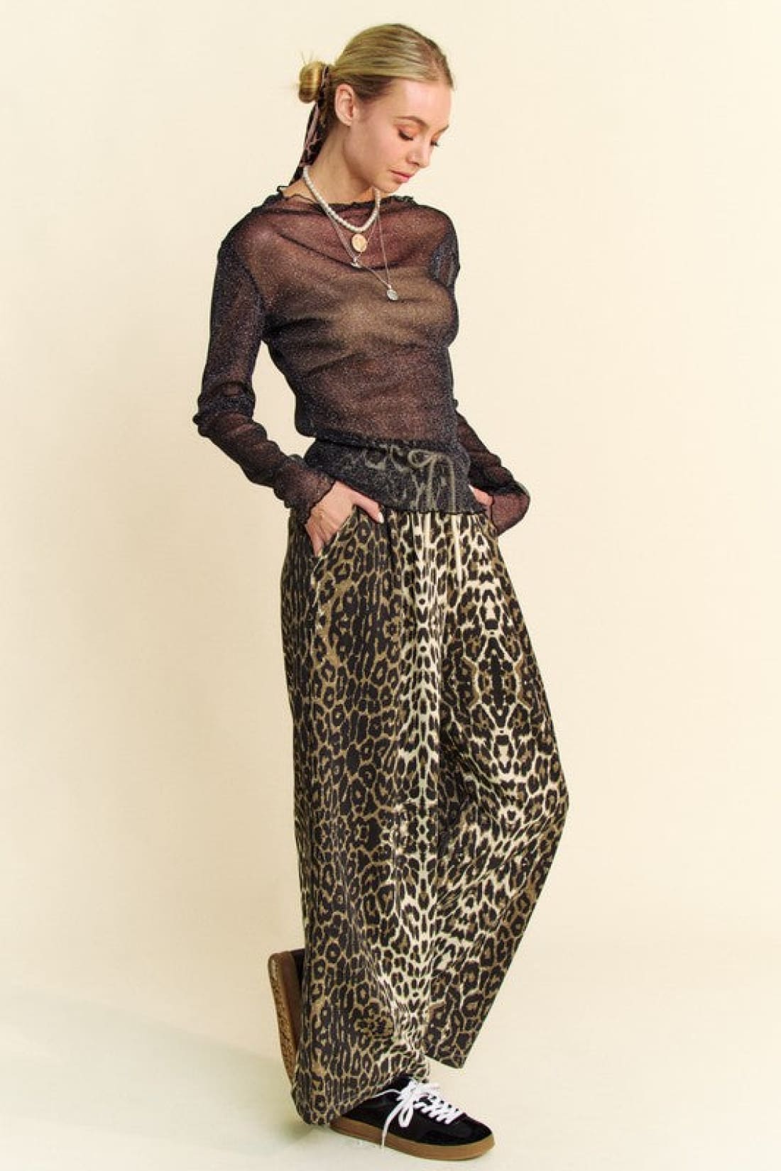 Glitter Mesh Lettuce Hem Long Sleeve Top in Black