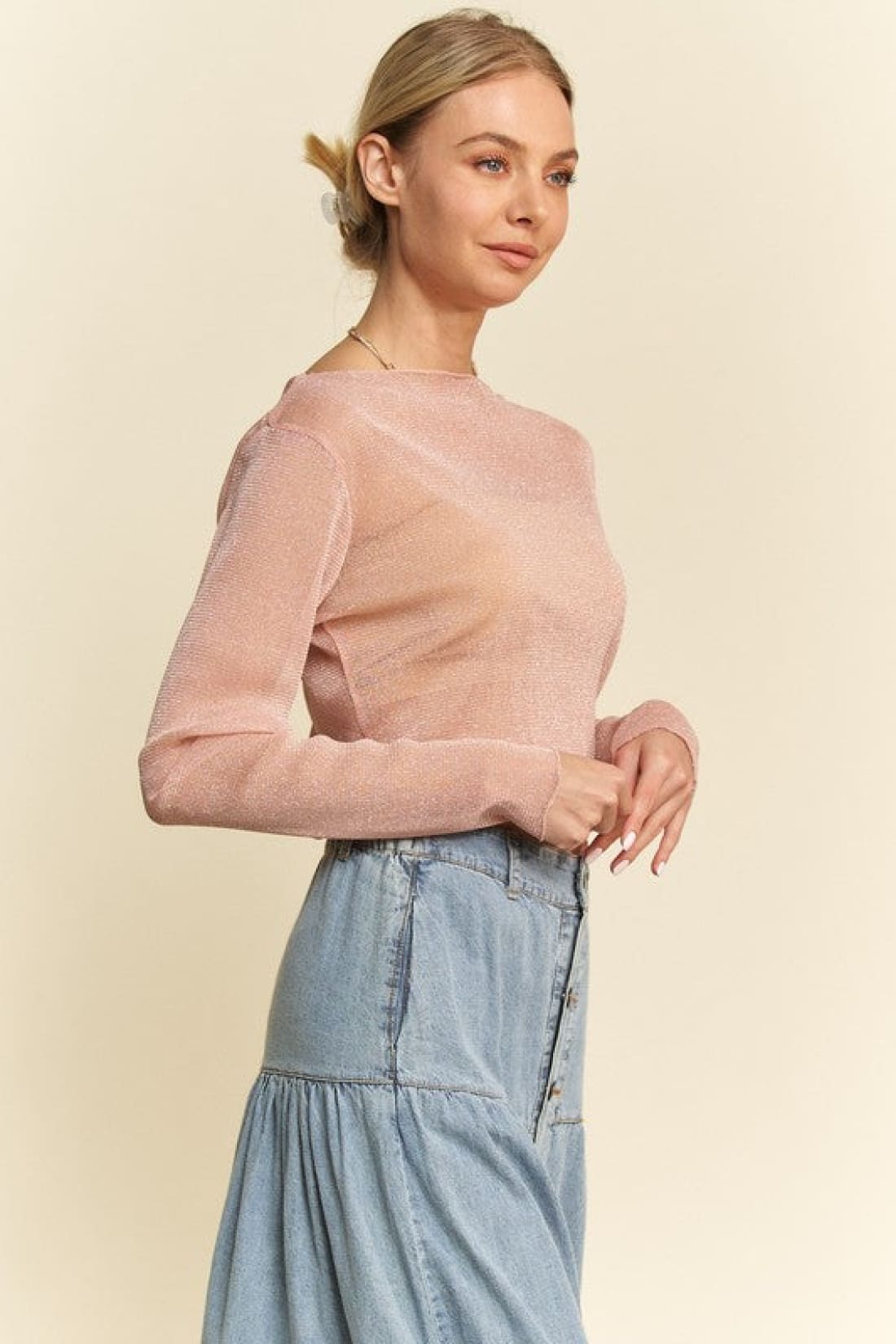Glitter Mesh Lettuce Hem Long Sleeve Top in Dusty Pink