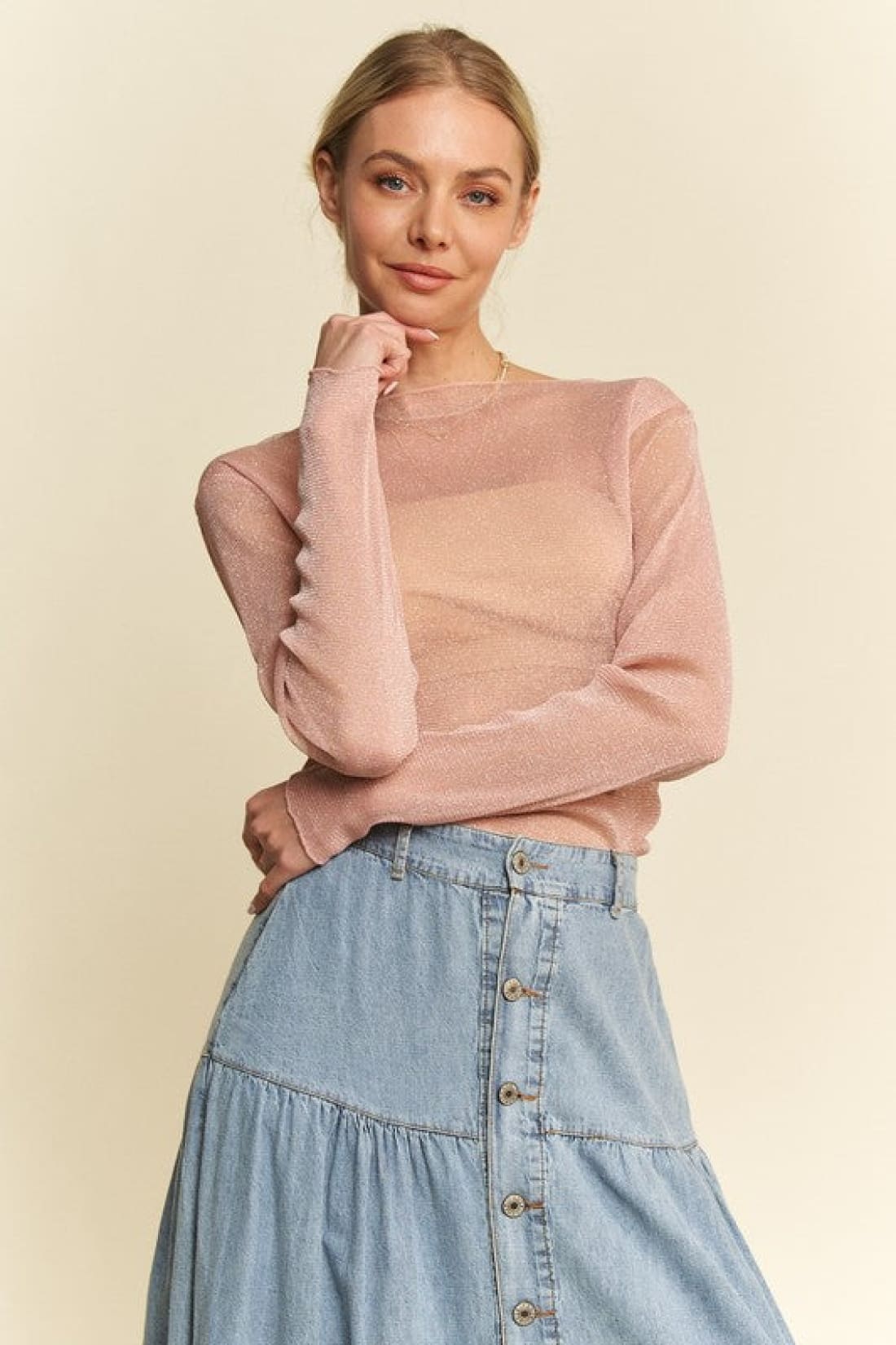 Glitter Mesh Lettuce Hem Long Sleeve Top in Dusty Pink