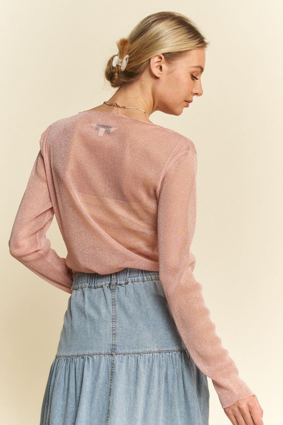 Glitter Mesh Lettuce Hem Long Sleeve Top in Dusty Pink