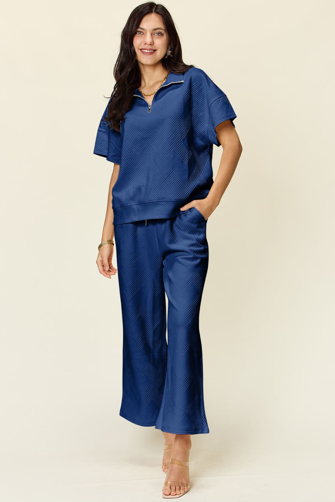 Half Zip Short Sleeve Top and Pants Set