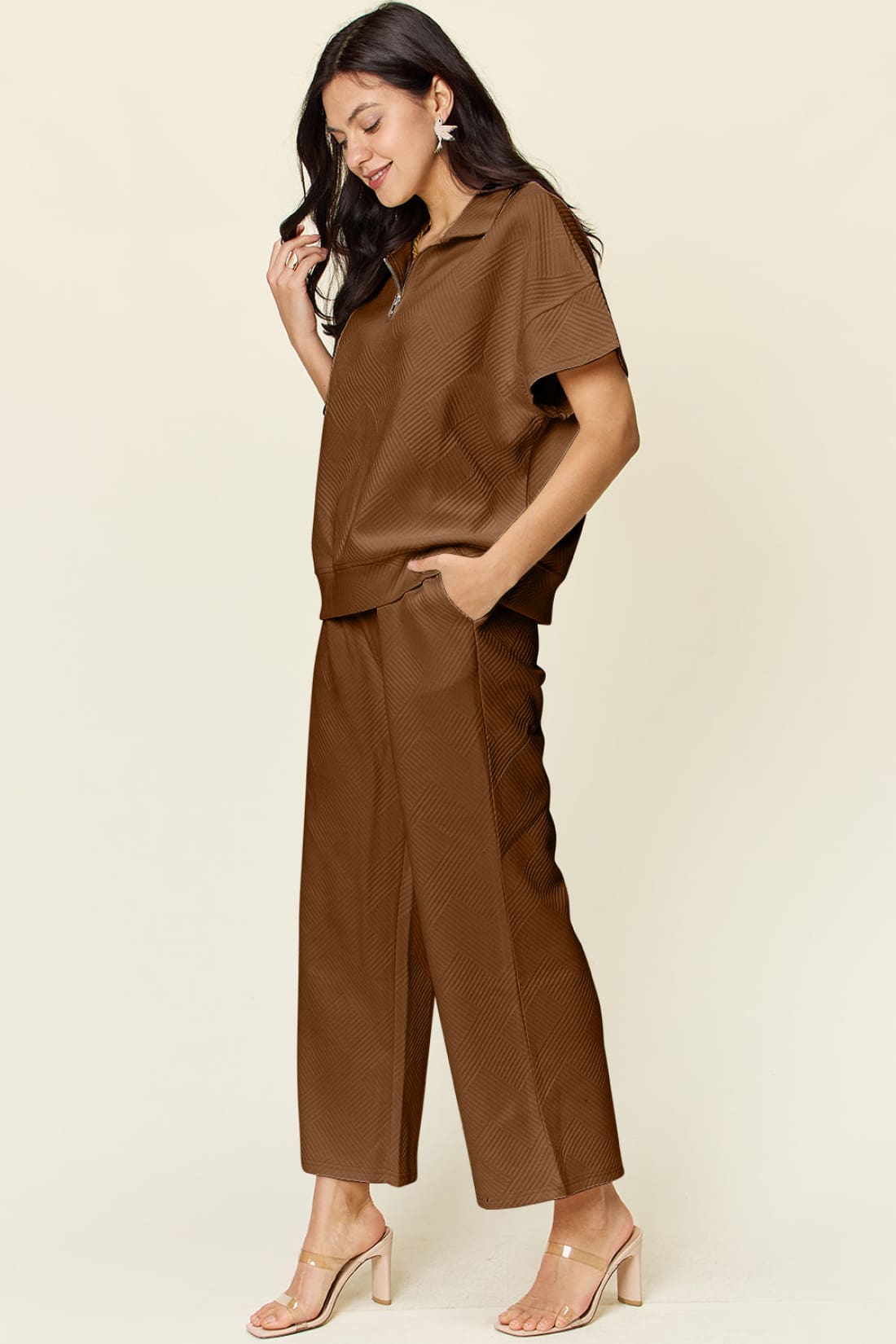 Half Zip Short Sleeve Top and Pants Set