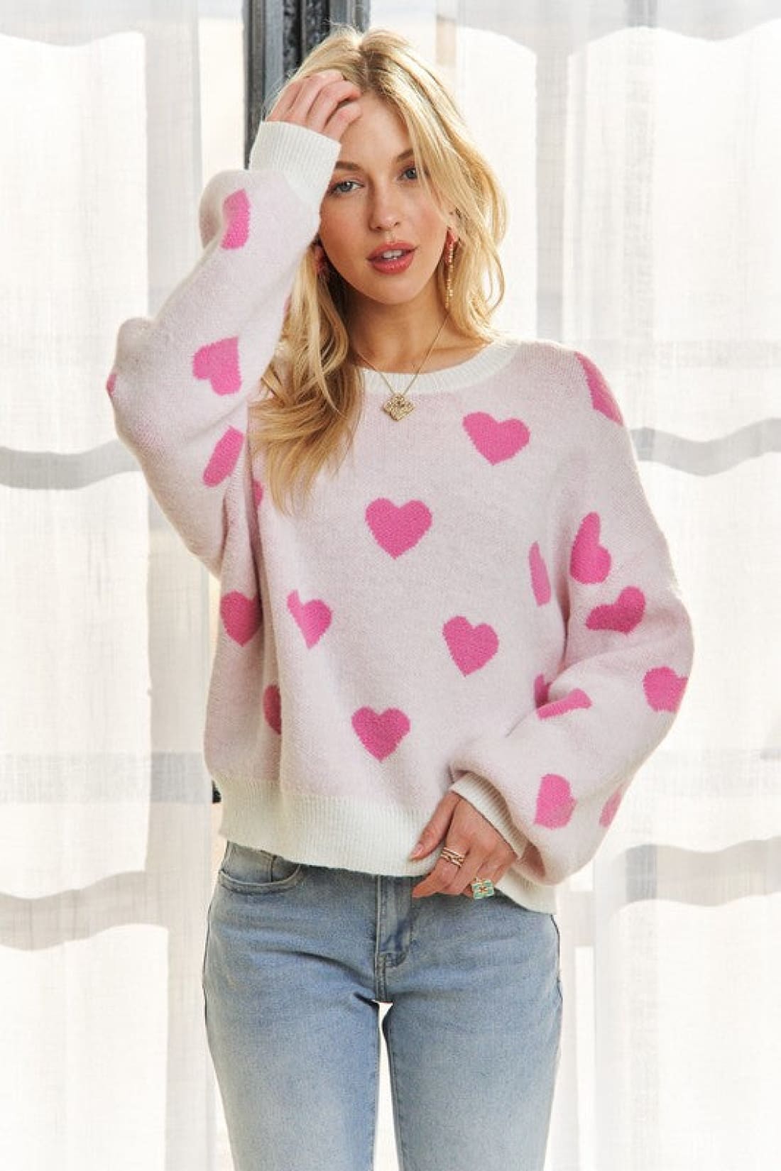 Heart Print Round Neck Drop Shoulder Sweater