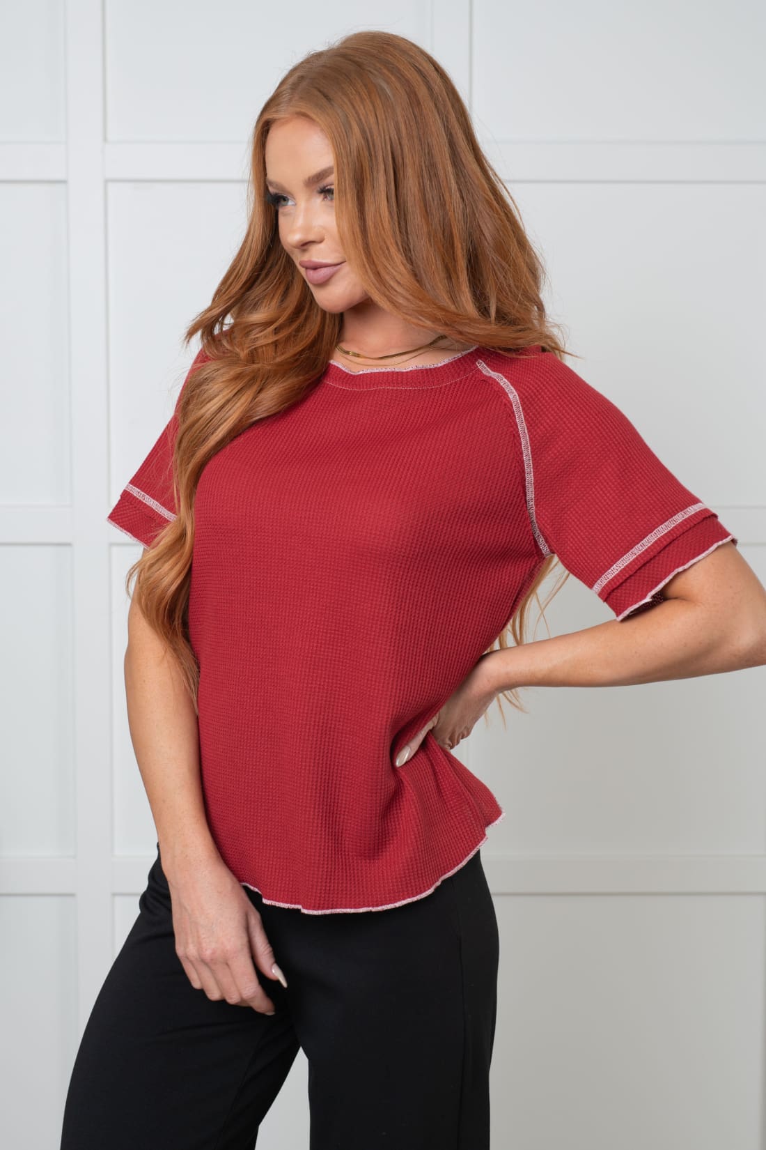 Heartbreaker Waffle Knit Tee in Cranberry | Tops & Tees