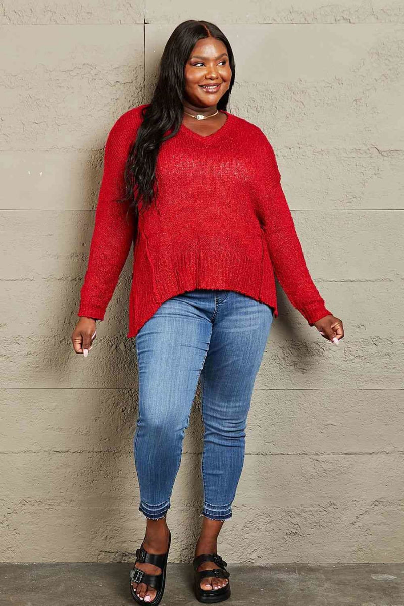Heimish By The Fire Full Size Draped Detail Knit Sweater | Sweaters & Cardigans
