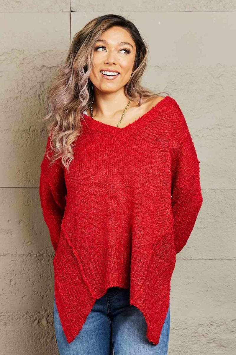Heimish By The Fire Full Size Draped Detail Knit Sweater | Sweaters & Cardigans