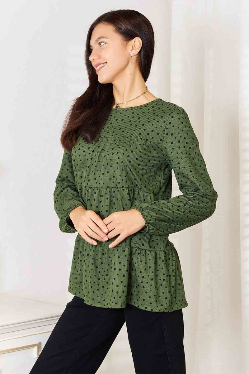 Heimish Full Size Long Puff Sleeve Polka Tiered Top | Blouses & Shirts