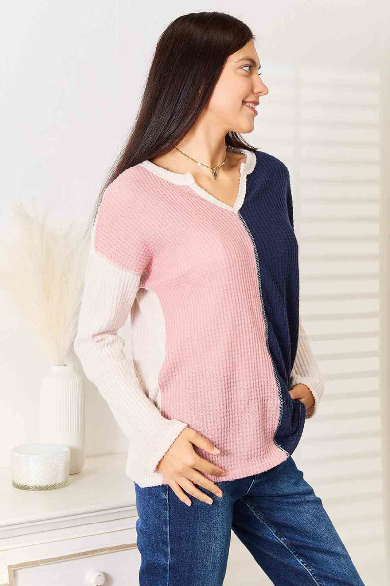Heimish Full Size Solid Color Block Contrast Top | Long Sleeve Tops