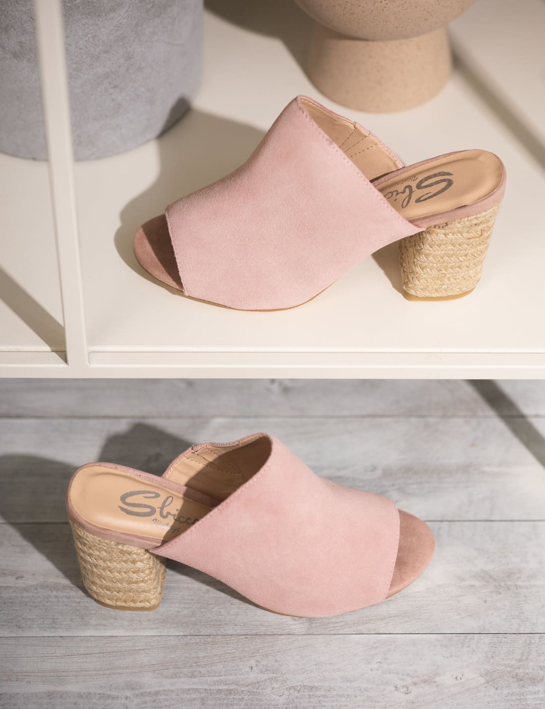 Suede Open Toe Mules in Blush | mules