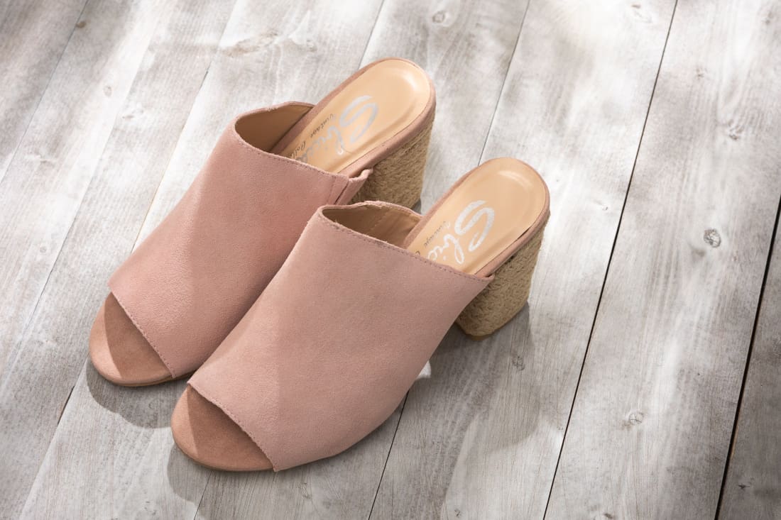 Suede Open Toe Mules in Blush | mules