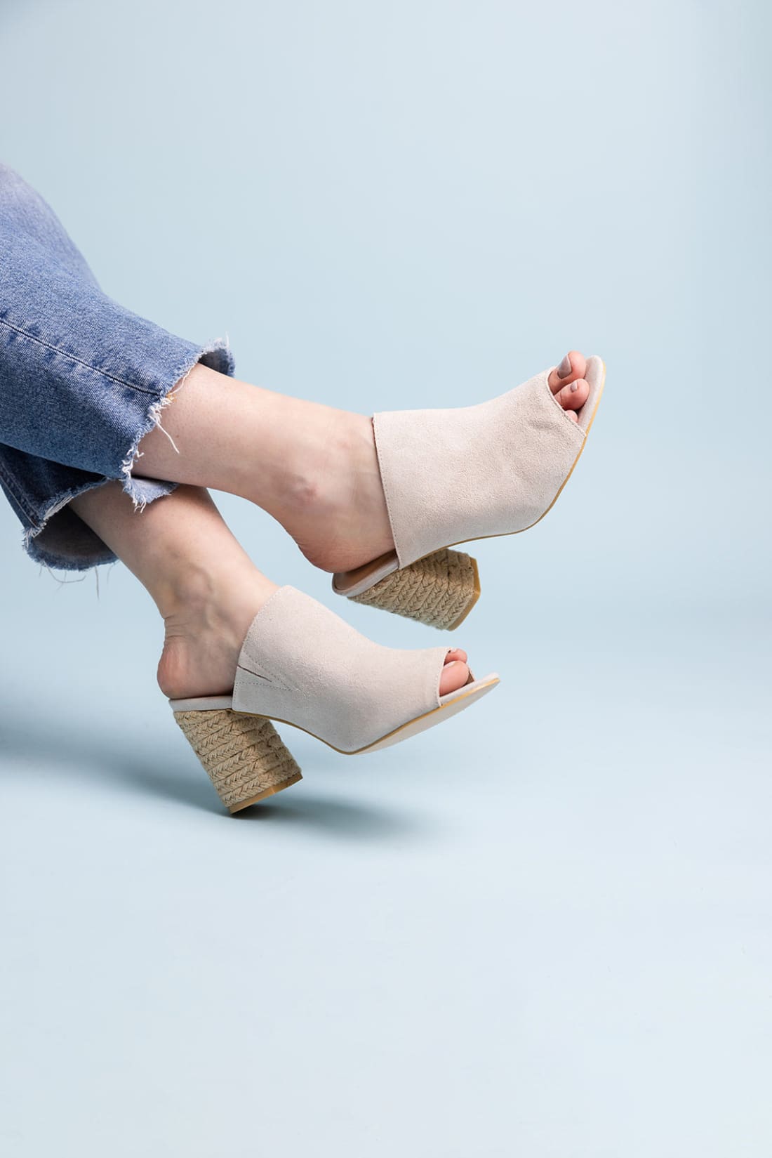 Suede Open Toe Mules in Blush | mules