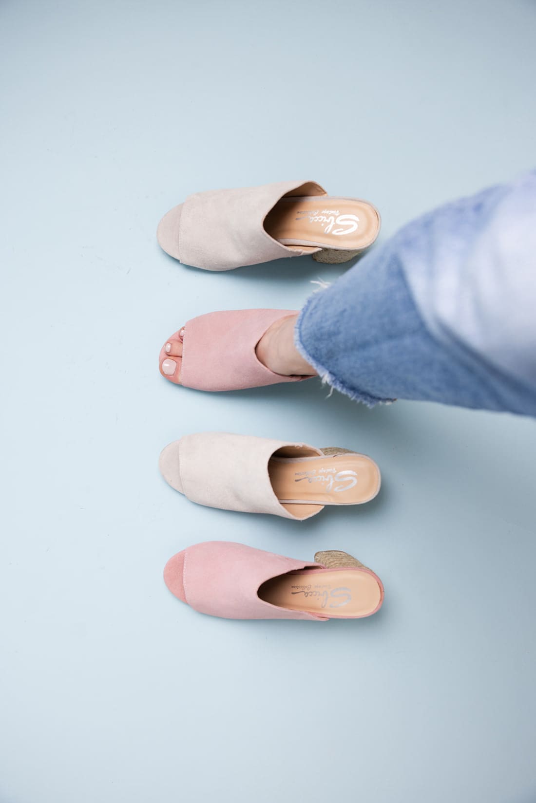 Suede Open Toe Mules in Blush | mules