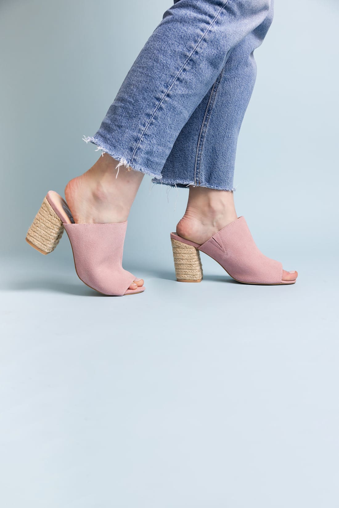 Suede Open Toe Mules in Blush | mules