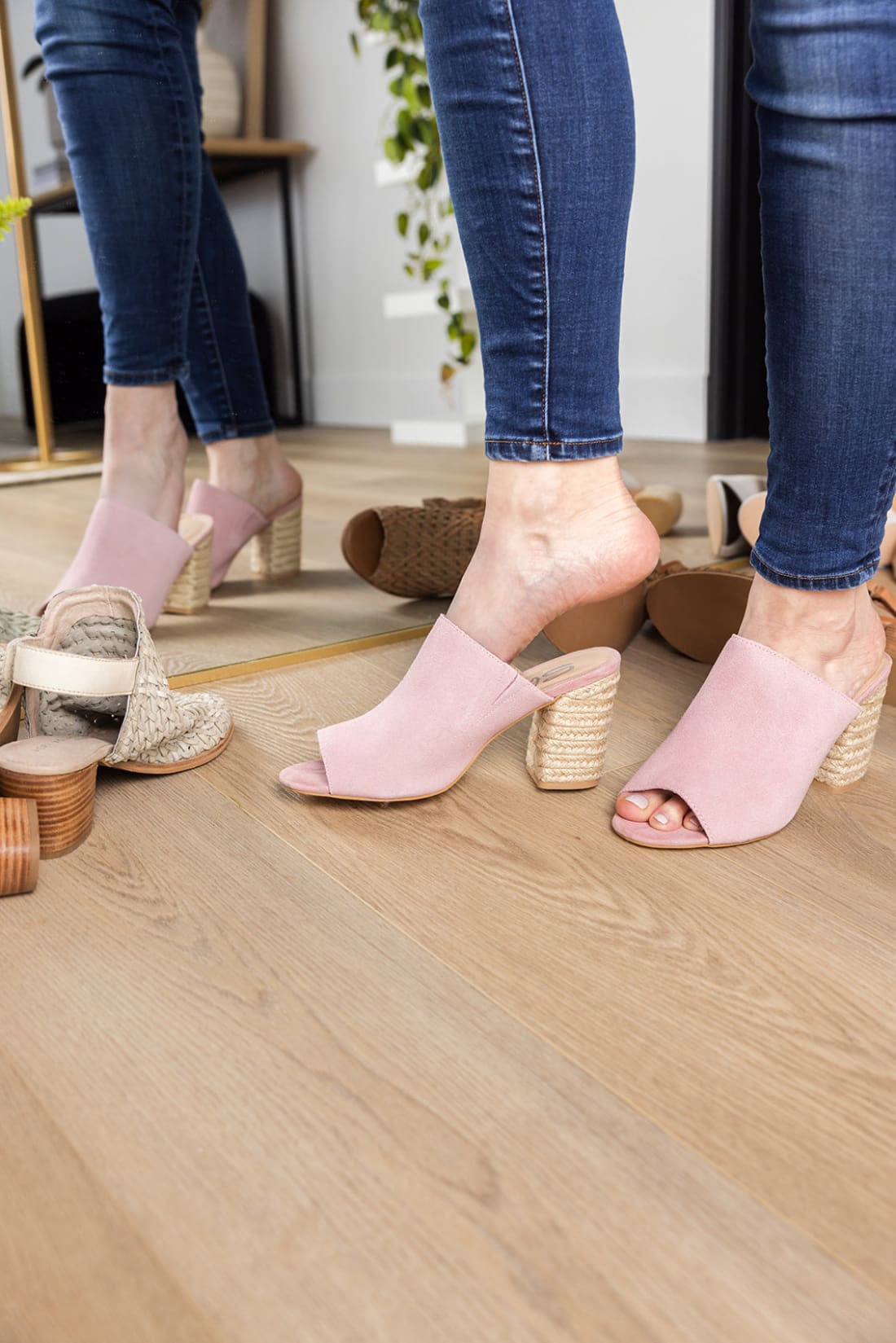 Suede Open Toe Mules in Blush | mules