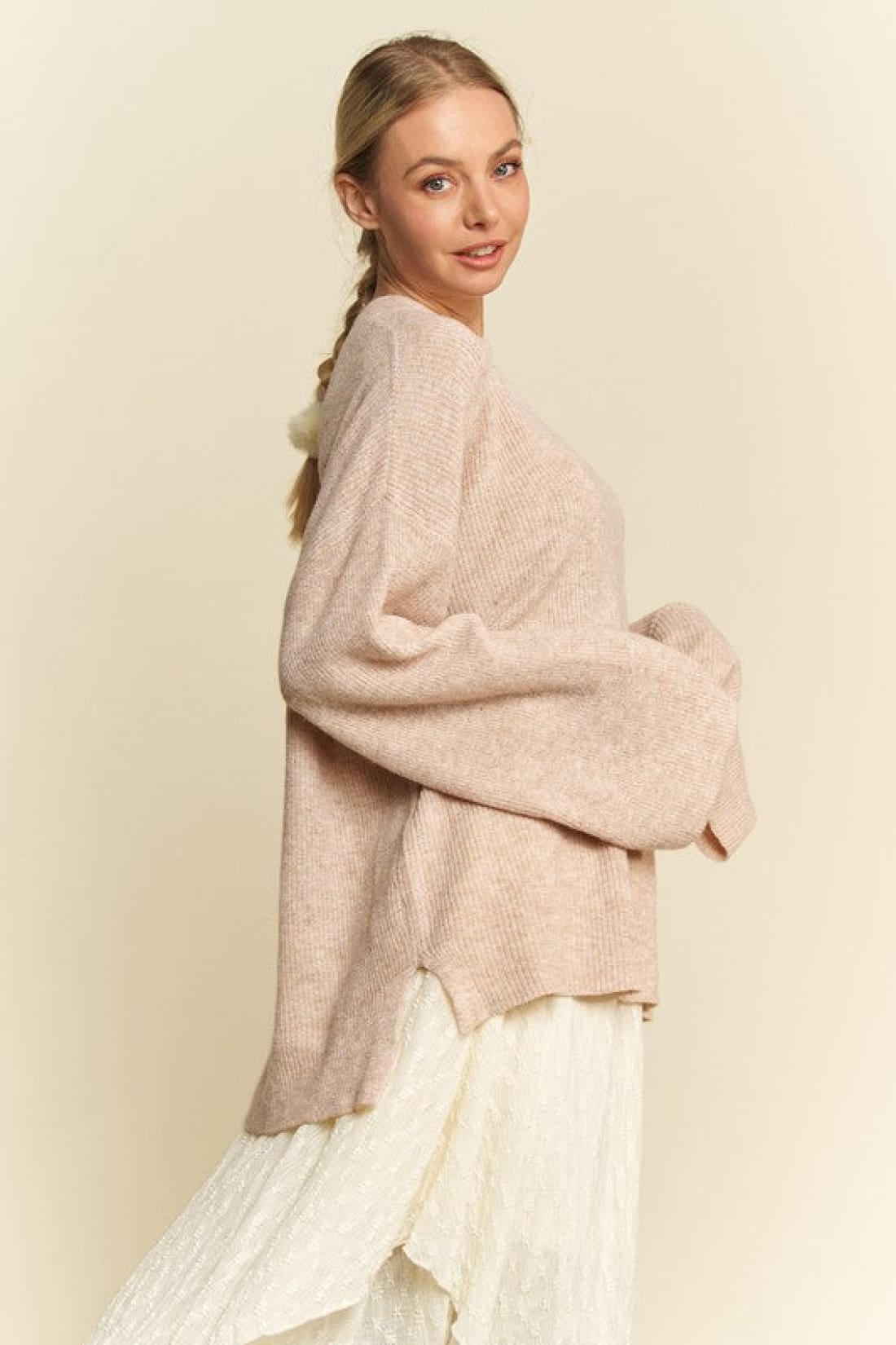 High-Low Round Neck Drop Shoulder Sweater in Oatmeal