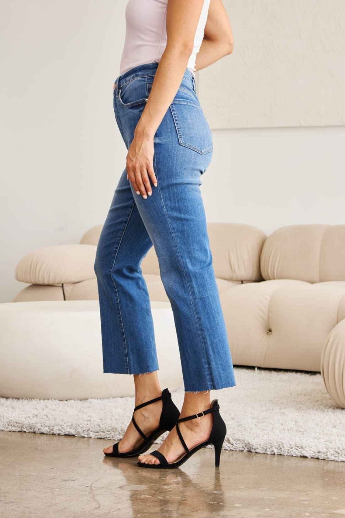 High Waist Cropped Kick Flare Raw Hem Jeans with Tummy Control