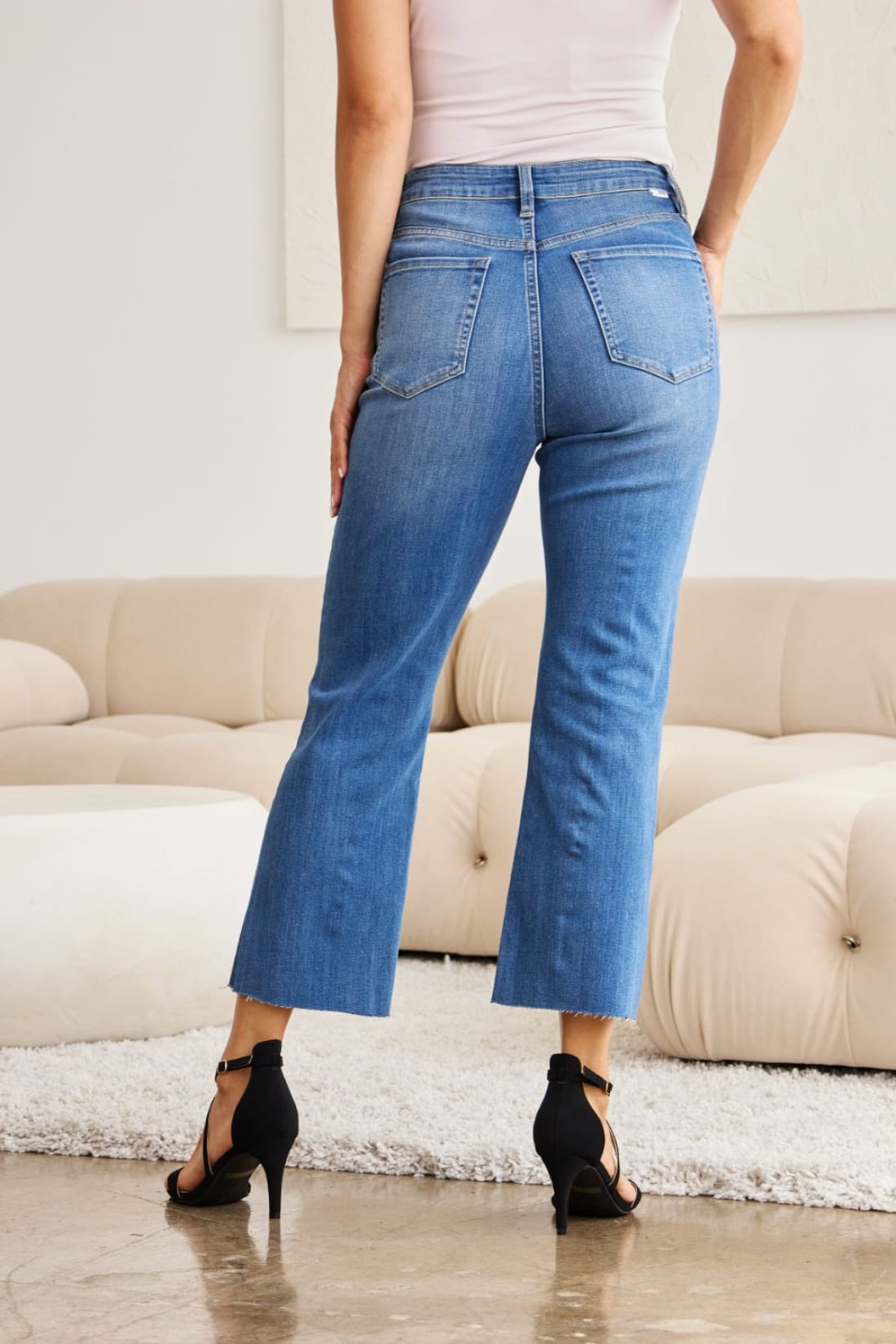 High Waist Cropped Kick Flare Raw Hem Jeans with Tummy Control