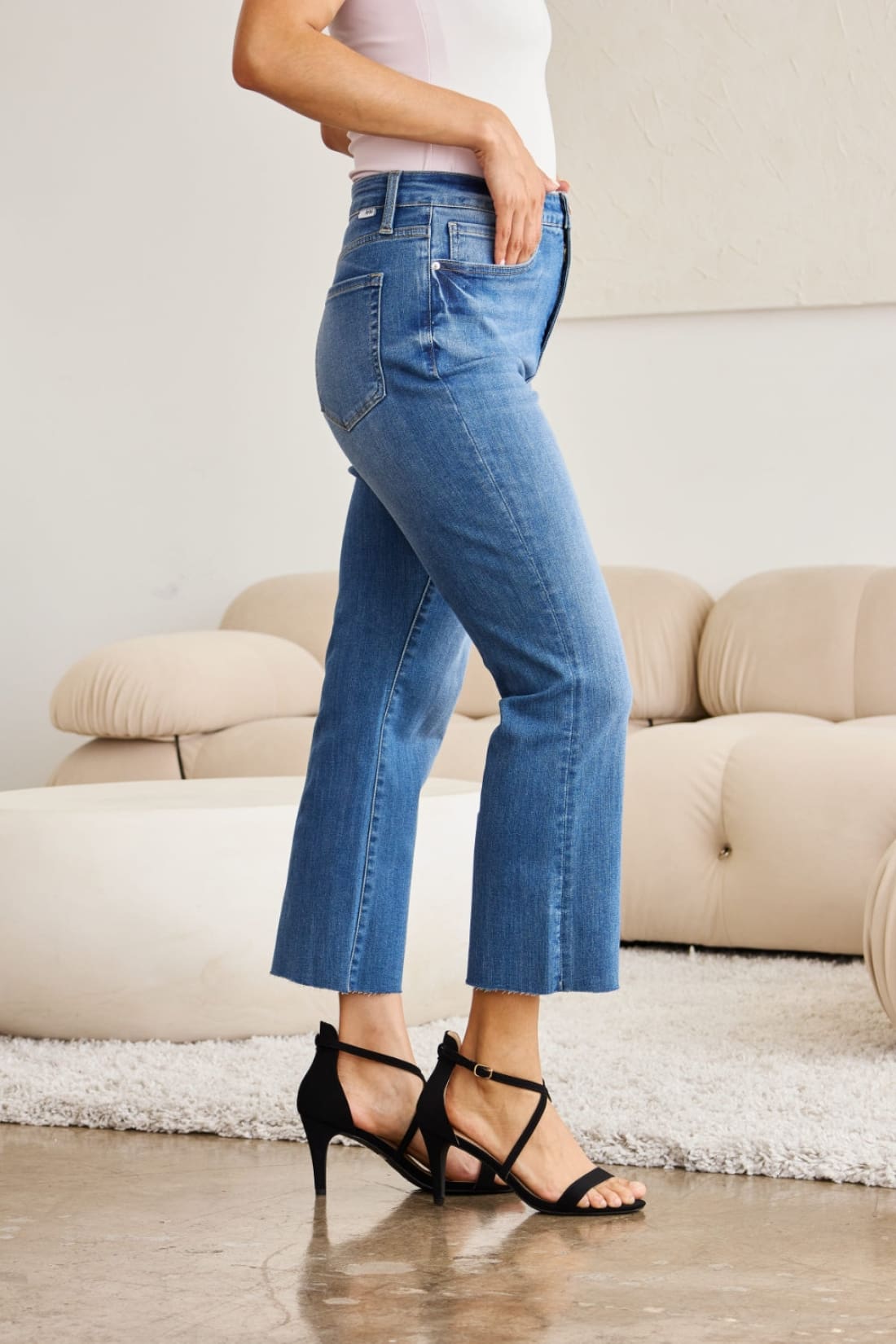 High Waist Cropped Kick Flare Raw Hem Jeans with Tummy Control