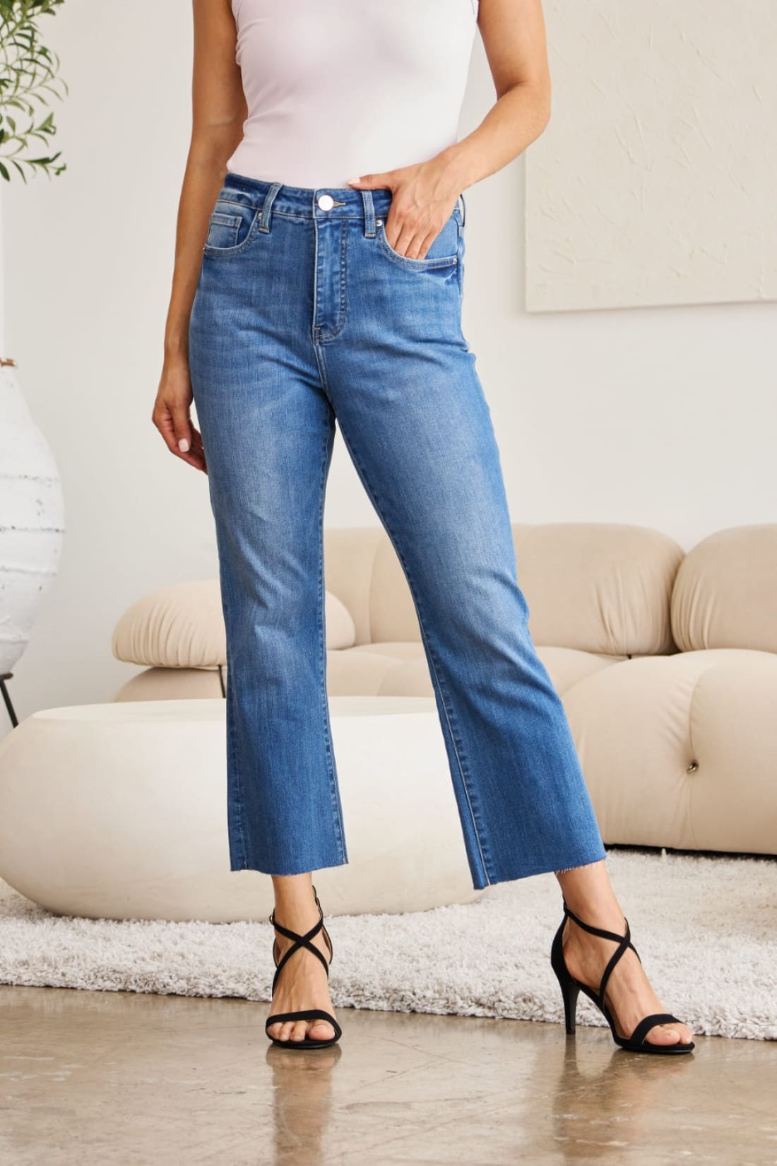 High Waist Cropped Kick Flare Raw Hem Jeans with Tummy Control