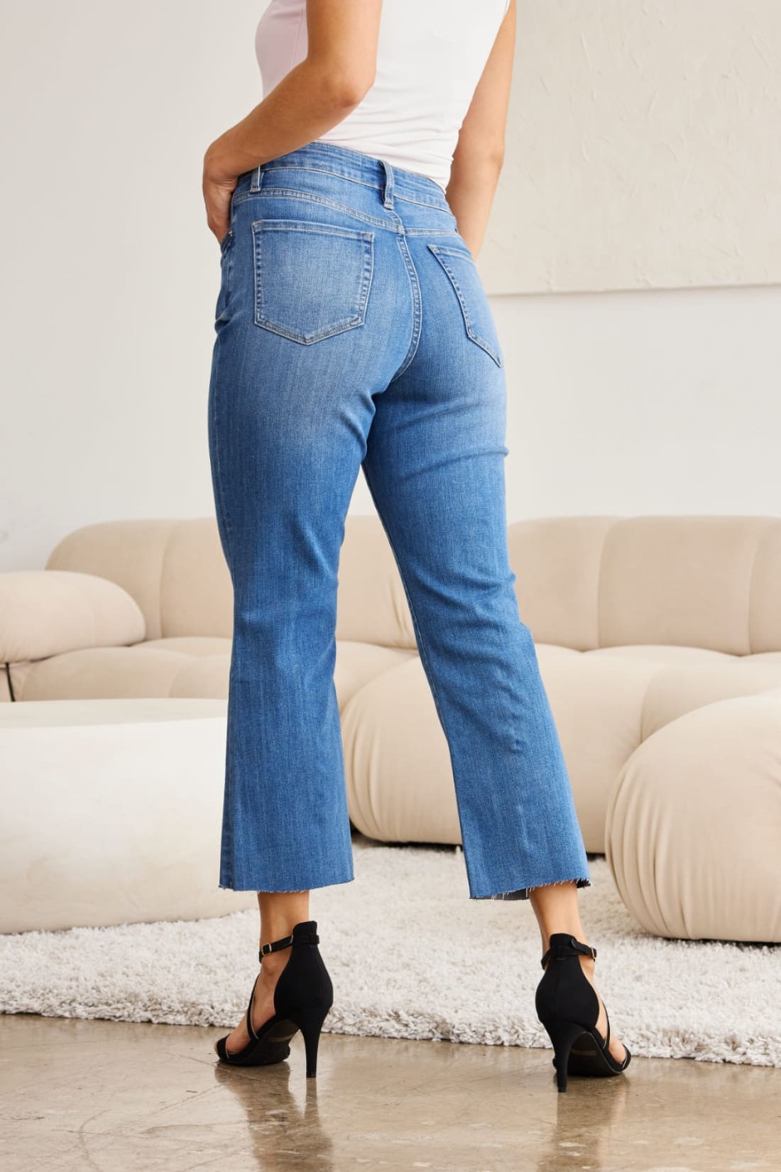 High Waist Cropped Kick Flare Raw Hem Jeans with Tummy Control