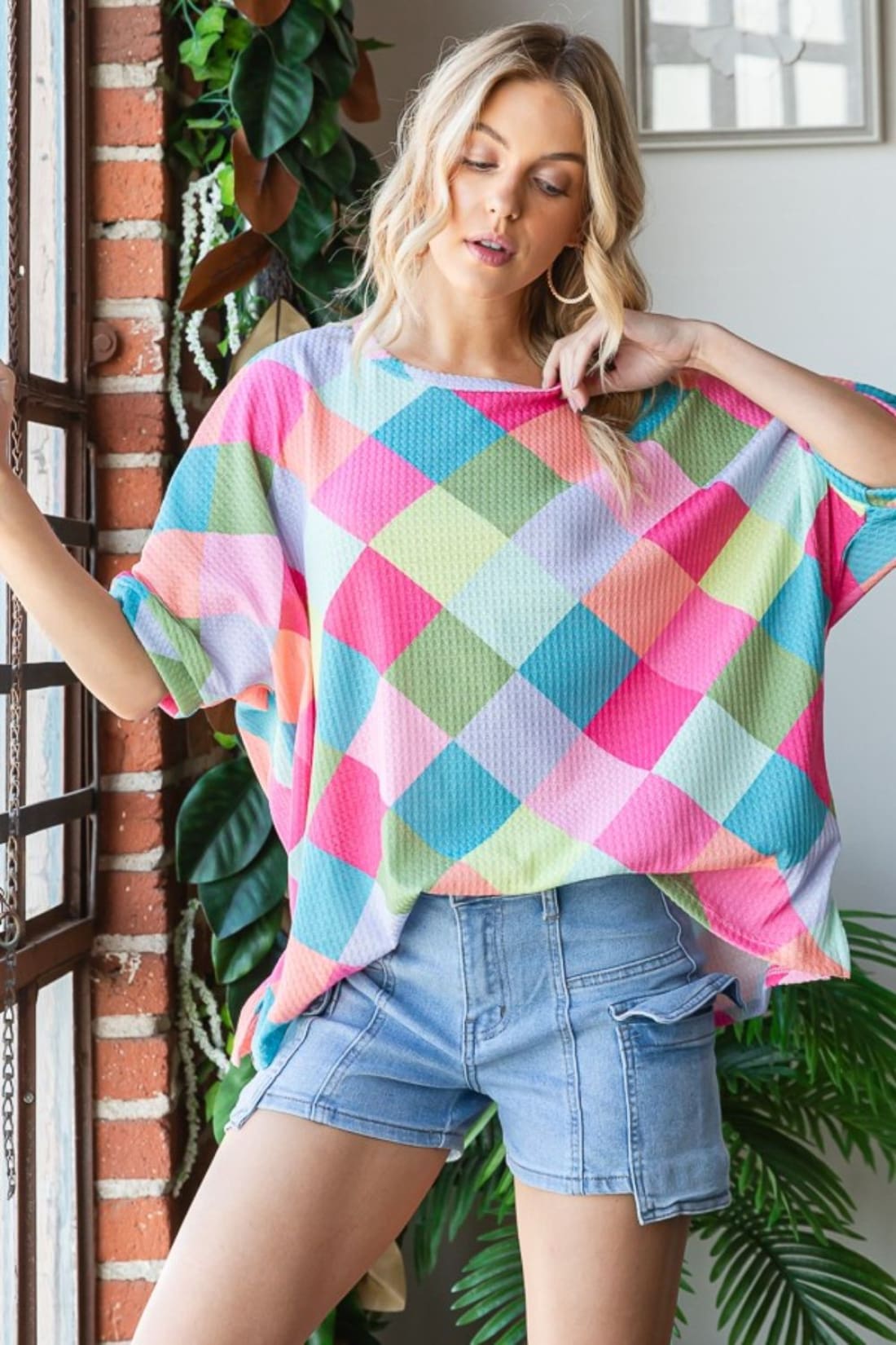 HOPELY Color Block Waffle Oversized T Shirt