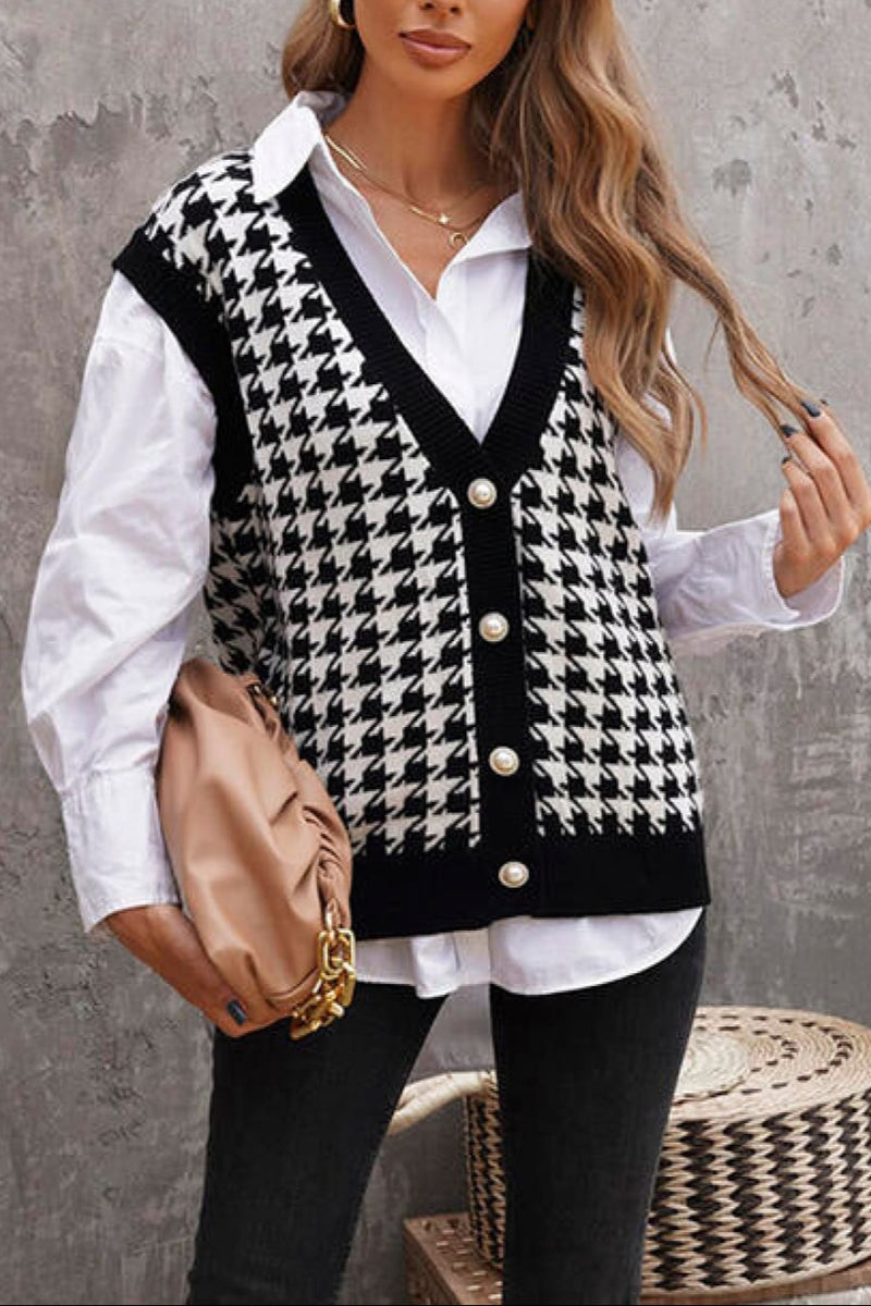 Houndstooth Button Front Sweater Vest